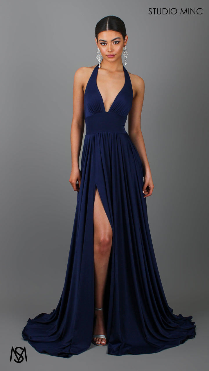 LOVE - Navy Blue Flowy Formal Dress with Plunge Neckline &amp; Leg Split
