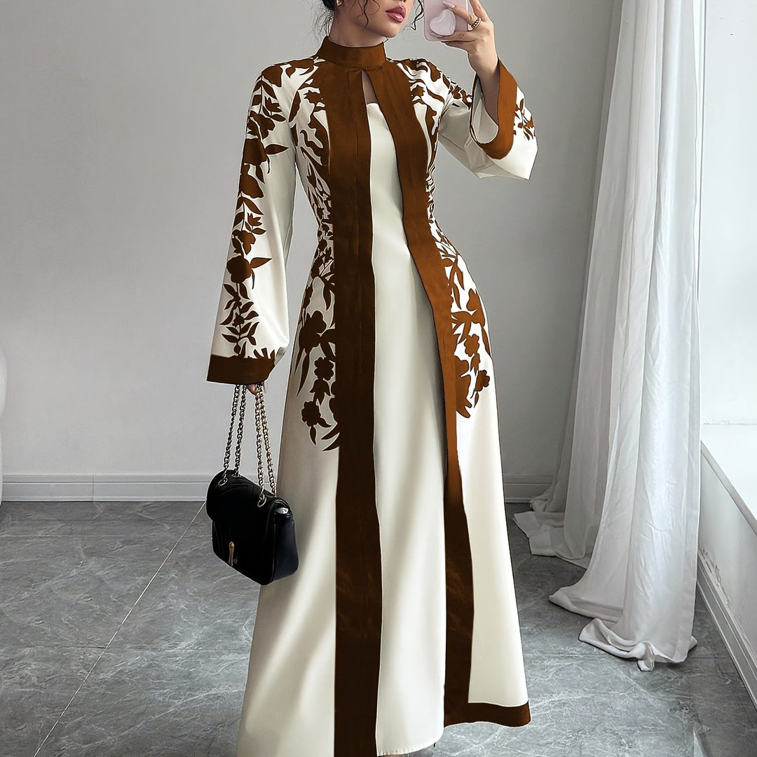 Fashionable Elegant Faux Two-Piece Fall/Winter New Floral Print Long Sleeve Maxi Dress