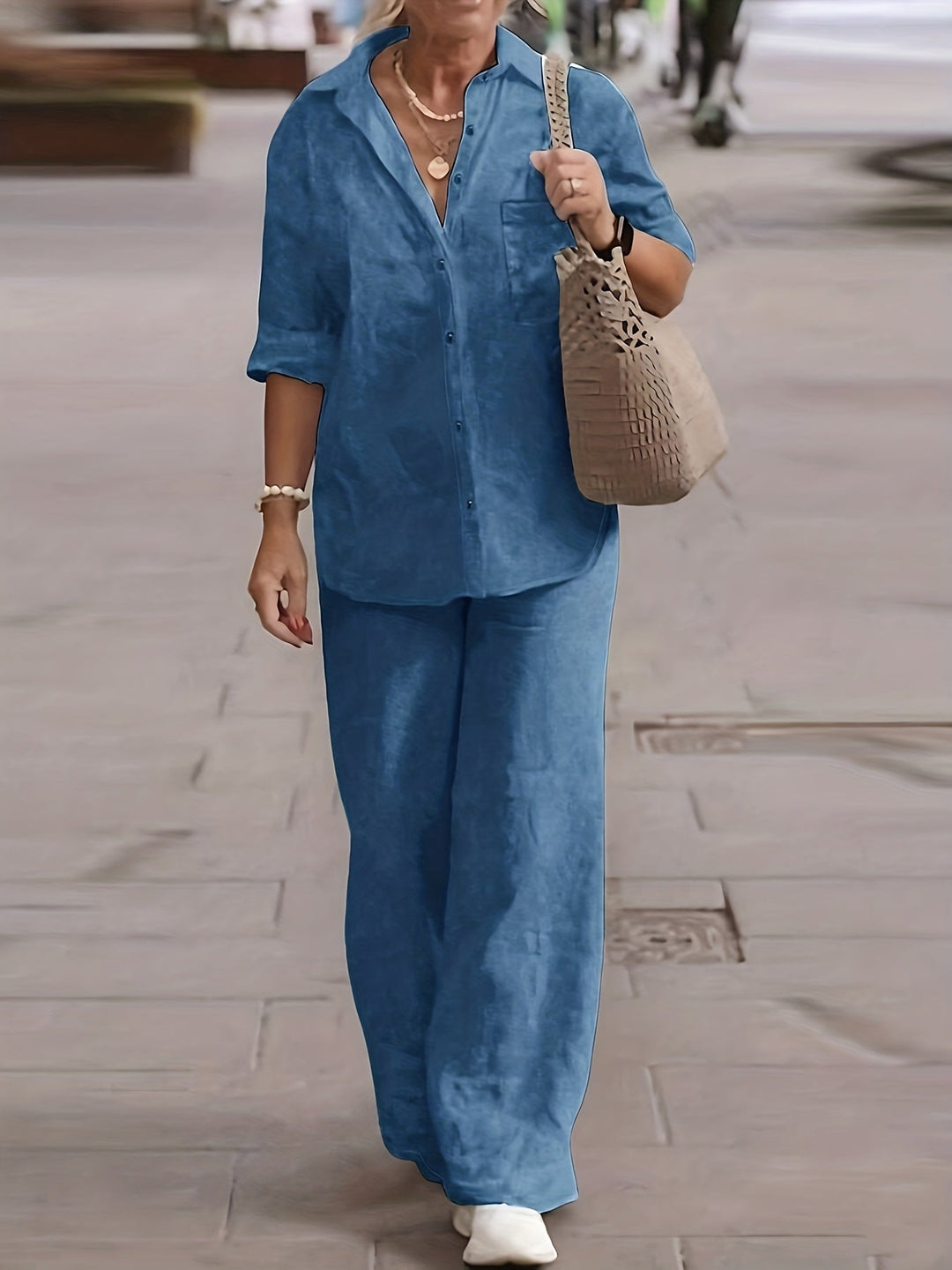Casual Collar Cardigan and Wide-Leg Pants Set, Elegant Versatile Slim Fit Solid Color Chic Shirt Top with Soft Fabric for Comfortable Beach Vacation Daily/Office Commute Loose Waist Trousers Two-Piece Outfit
