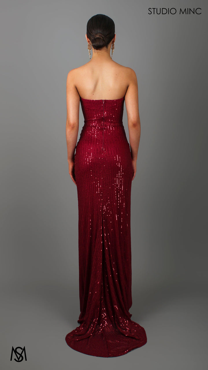 MUSE - Ruby Red Sequin Formal Dress with Strapless Corset &amp; Leg Split