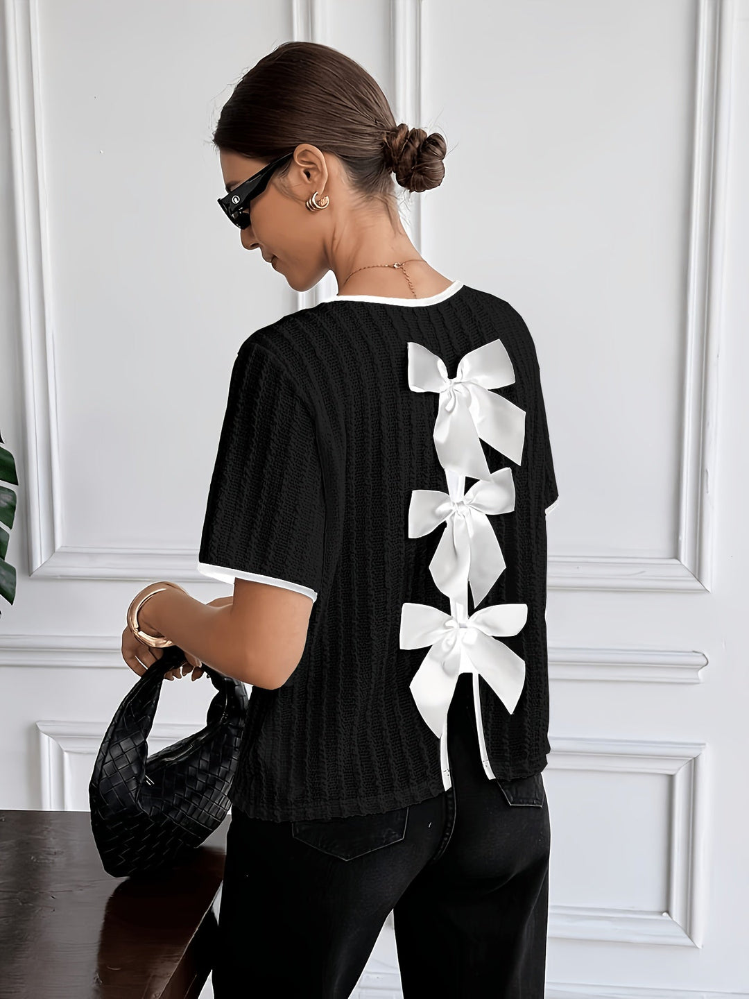 French Style Apricot Bow Back Stripe Crepe Top
