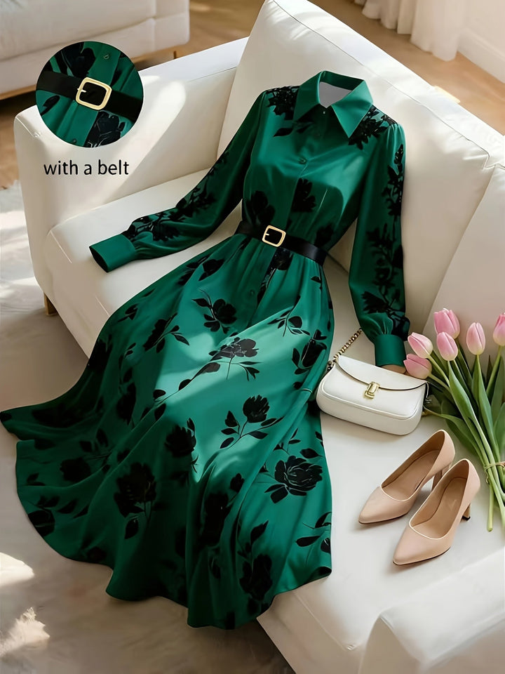 Spring/Autumn New French Retro Floral Print, Elegant Long Dress with Belt, Women&
