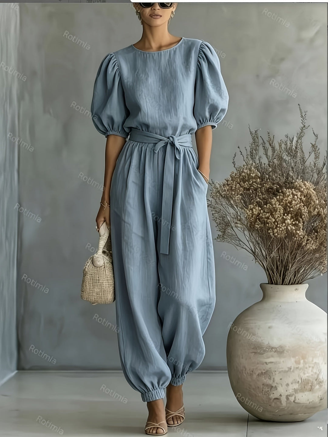 Bohemian-style Puff Sleeve Jumpsuit with Tie-waist. Features Side Pockets for Convenience, a Fit, and Comfortable Casual Wear
