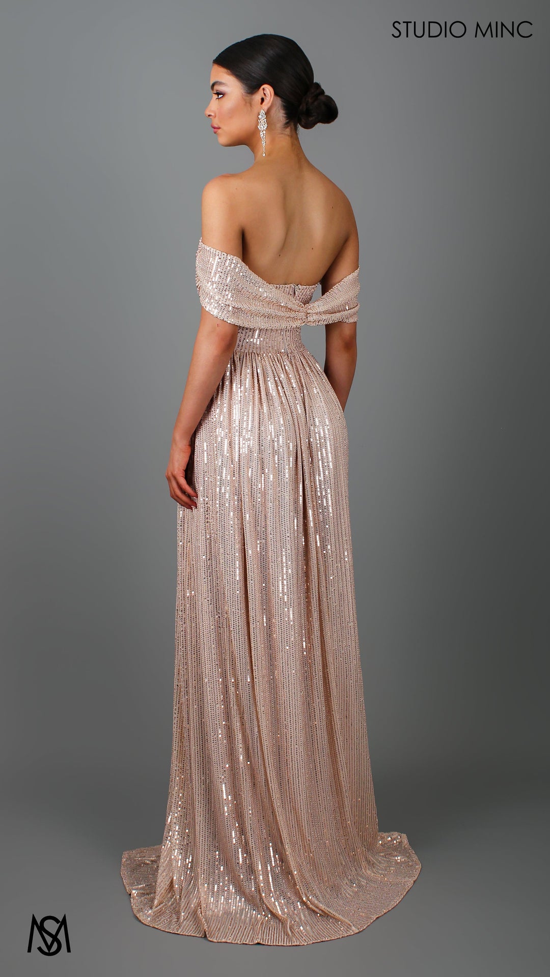 CRUSH - Champagne Gold Sequin Formal Dress with Corset &amp; Arm Drapes