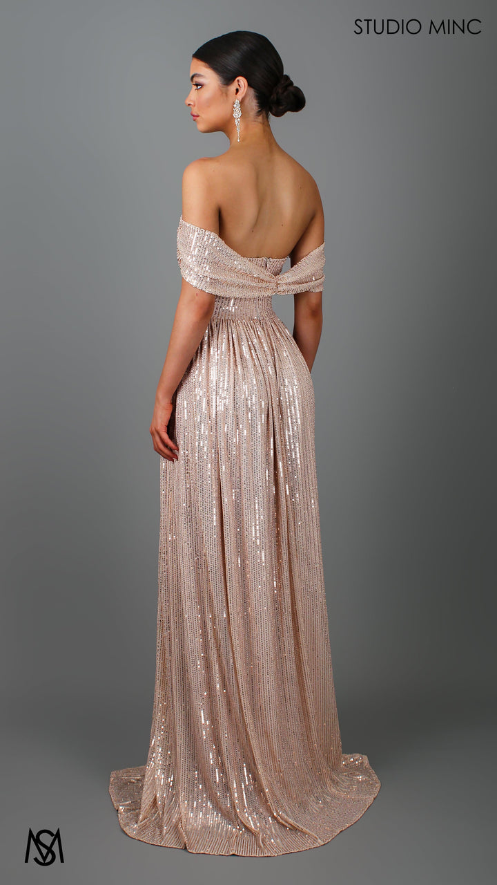 CRUSH - Champagne Gold Sequin Formal Dress with Corset &amp; Arm Drapes