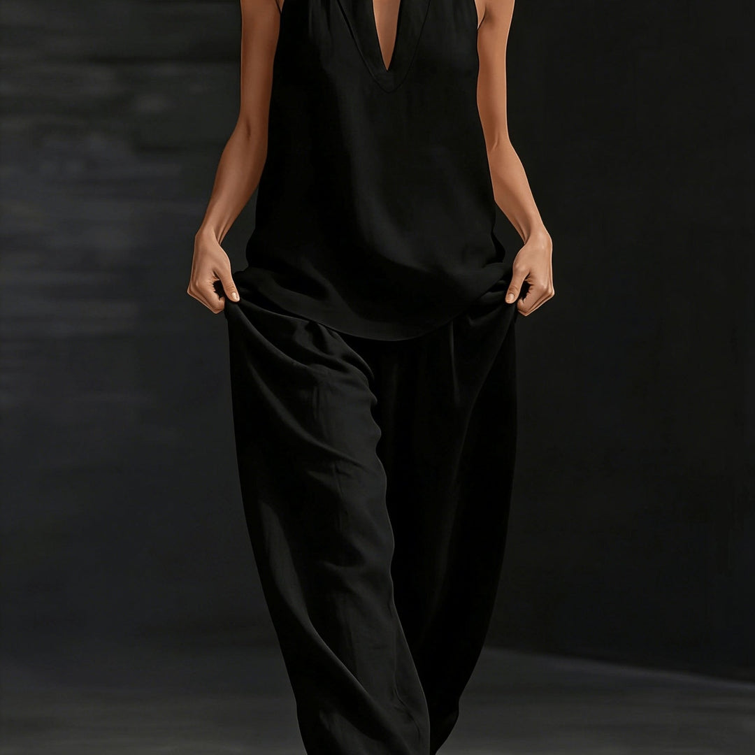 Linen V-Neck Top and Wide-Leg Pants Set