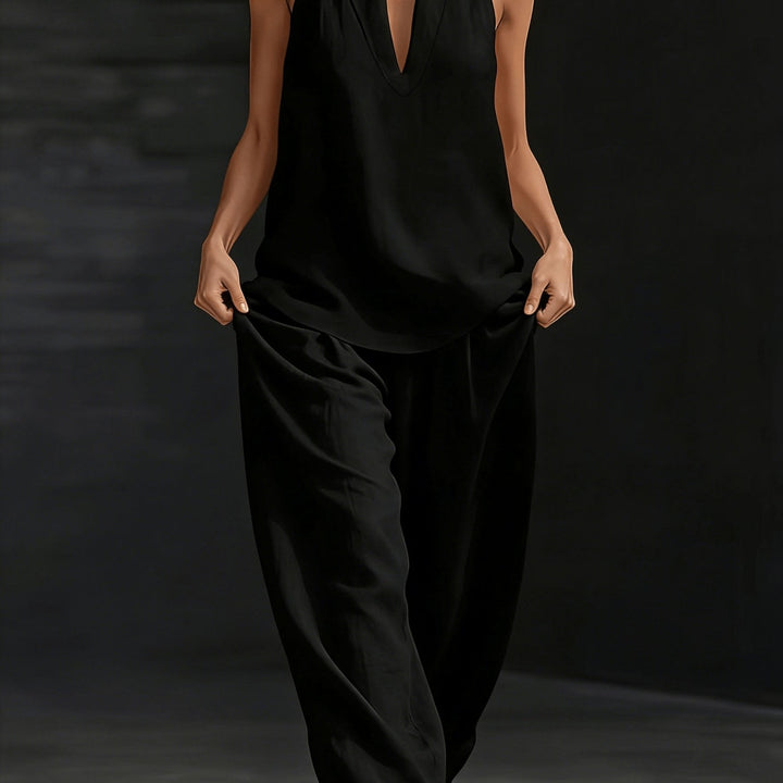 Linen V-Neck Top and Wide-Leg Pants Set