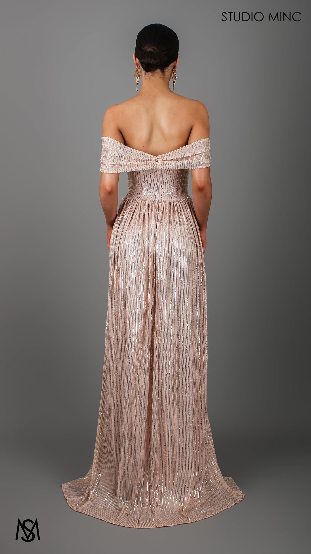 CRUSH - Champagne Gold Sequin Formal Dress with Corset &amp; Arm Drapes