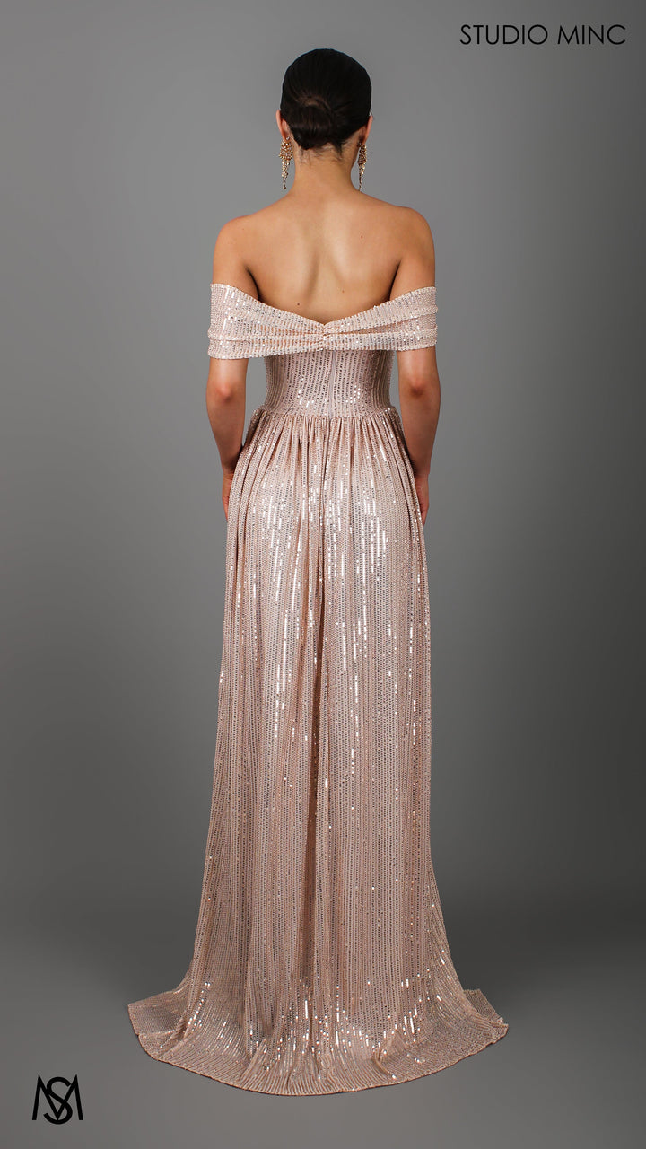 CRUSH - Champagne Gold Sequin Formal Dress with Corset &amp; Arm Drapes