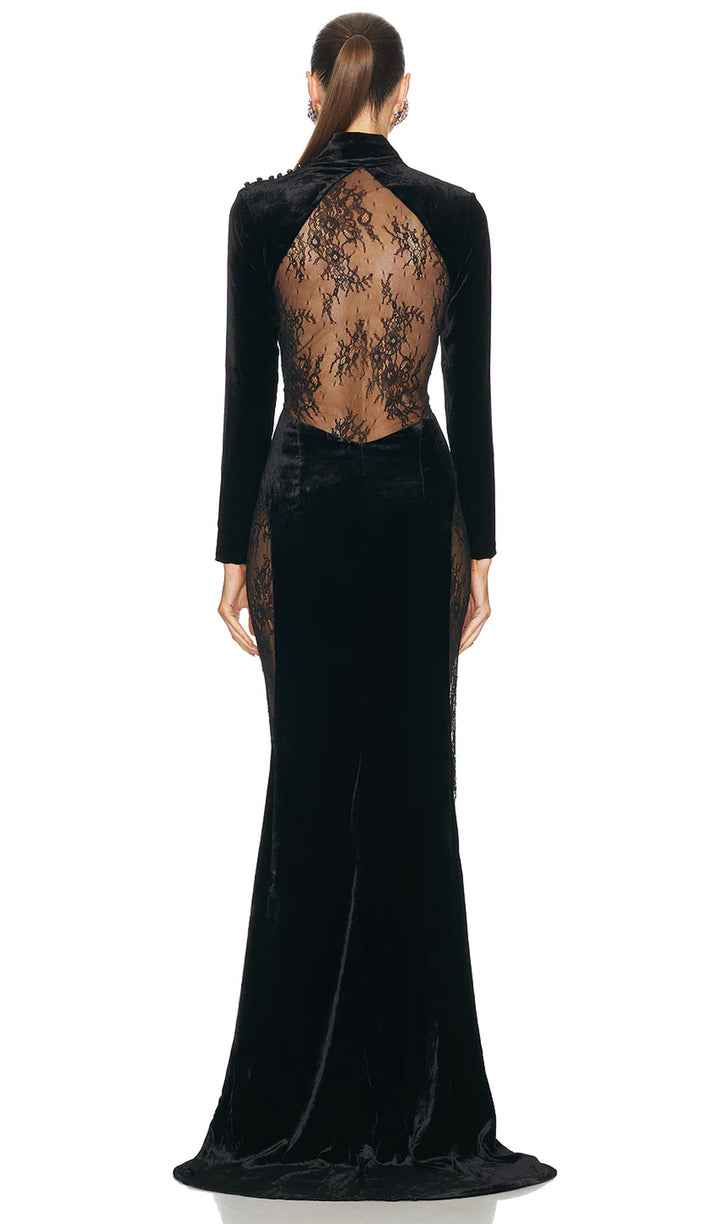 Semi-Sheer Lace Velvet Maxi Dress