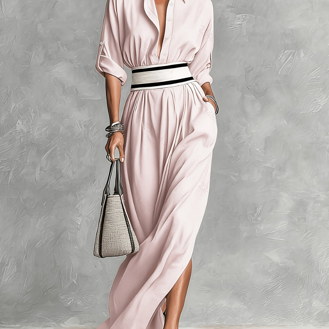 French Retro Lapel Belted Maxi Dress