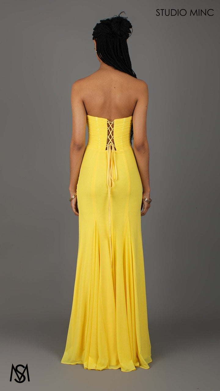 Amalfi - Yellow Formal Dress, Strapless Corset Boning Fitted mermaid, Gathered net