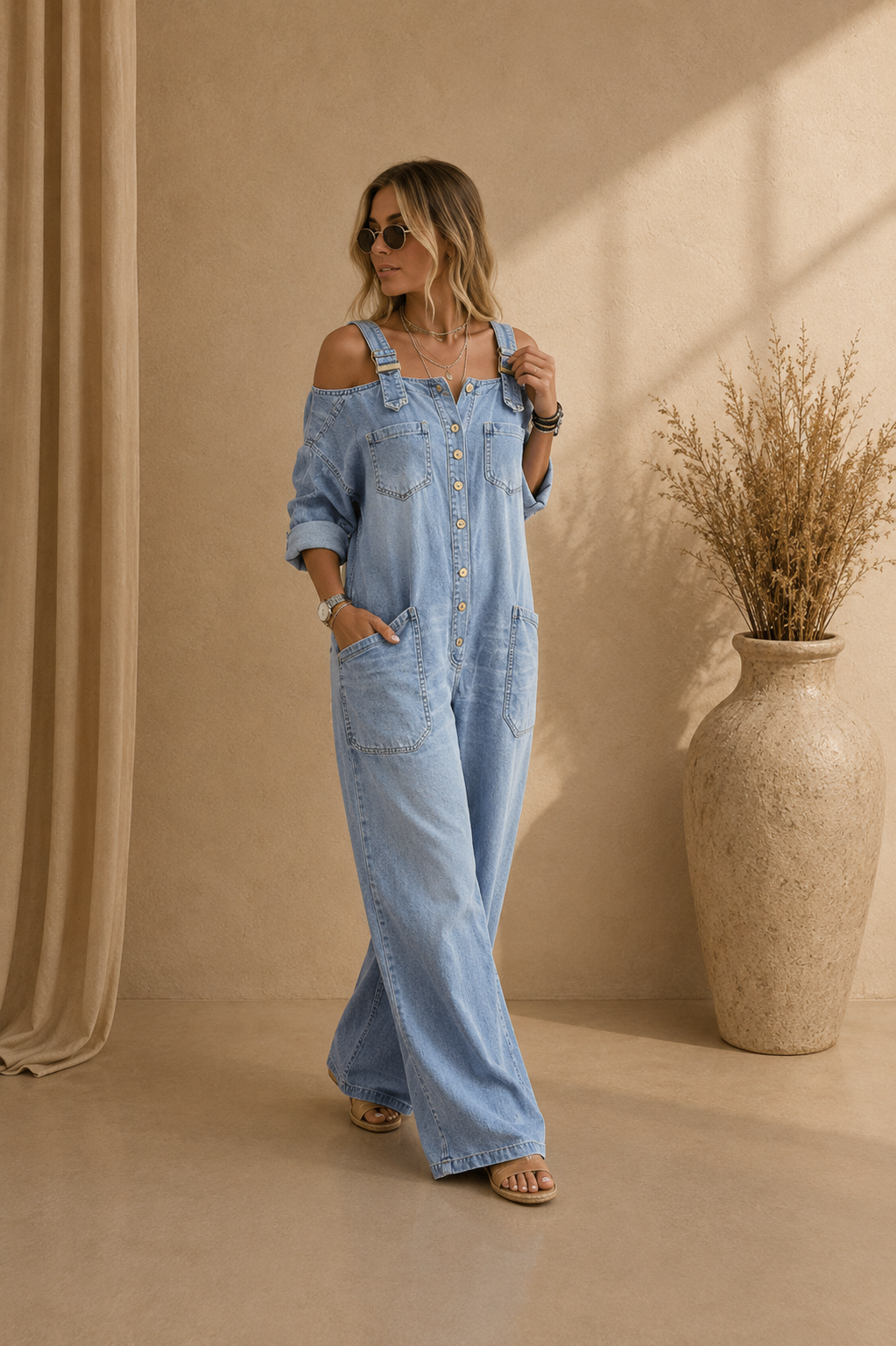 Loose Fit Wide-Leg Overall Jumpsuit with Pockets
