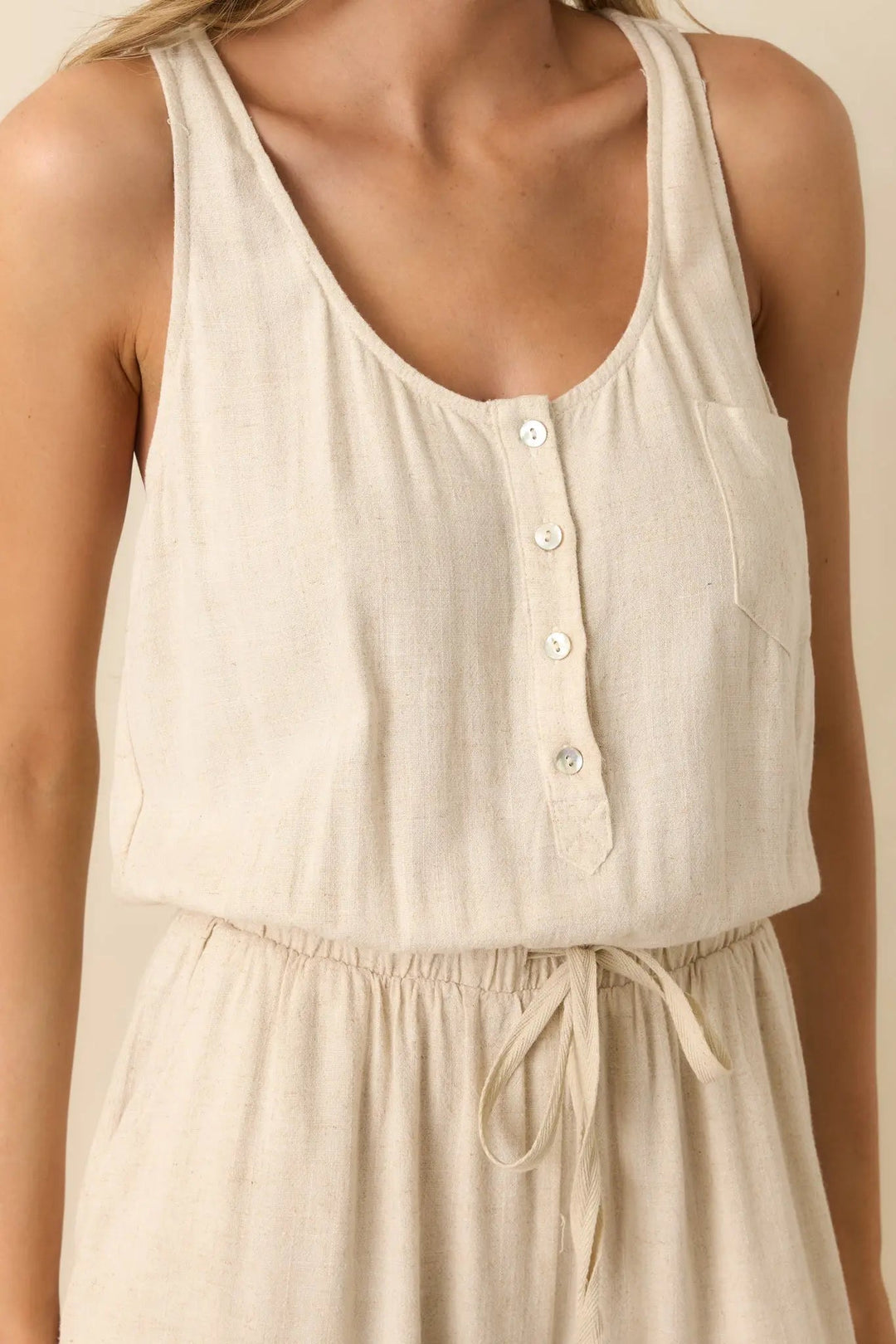 Anywhere And Everywhere Natural Linen Blend Sleeveless Jumpsuit