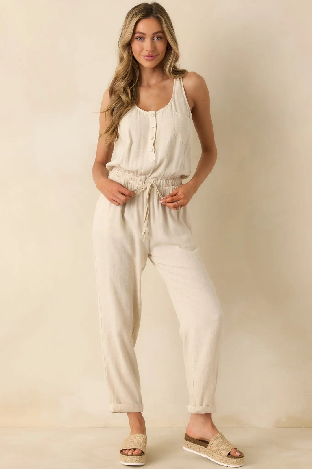 Anywhere And Everywhere Natural Linen Blend Sleeveless Jumpsuit