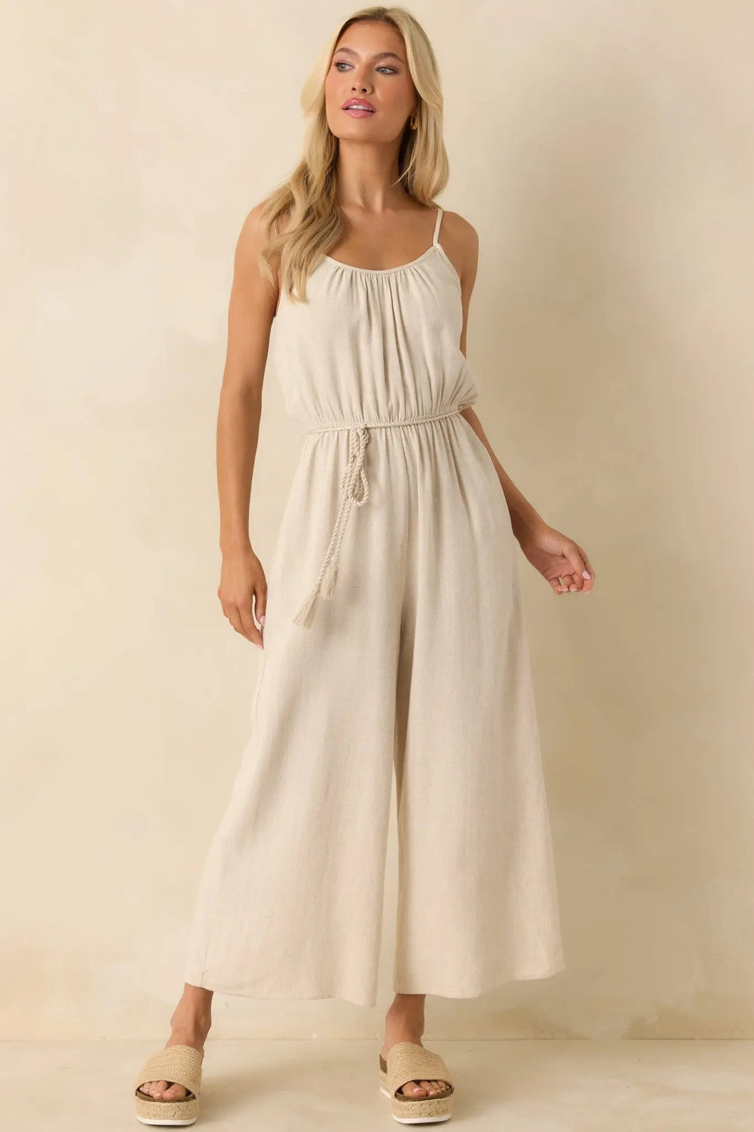 As Simple As That Natural Linen Blend Sleeveless Jumpsuit