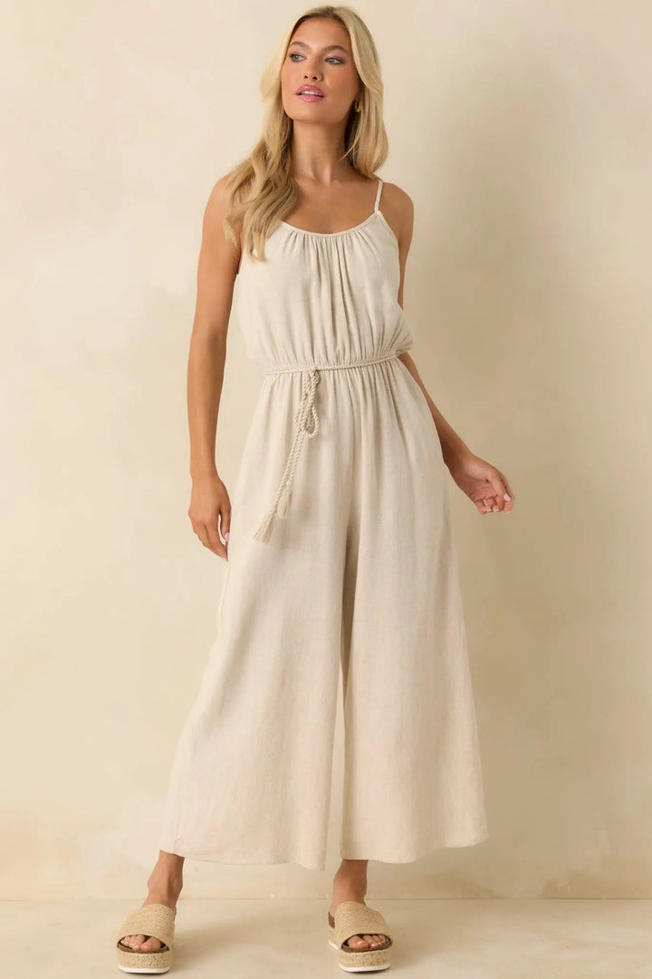 As Simple As That Natural Linen Blend Sleeveless Jumpsuit