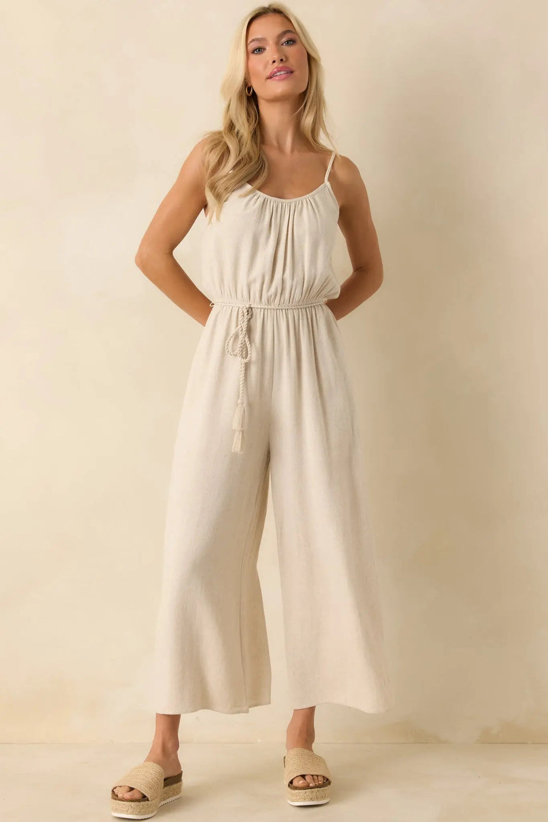 As Simple As That Natural Linen Blend Sleeveless Jumpsuit