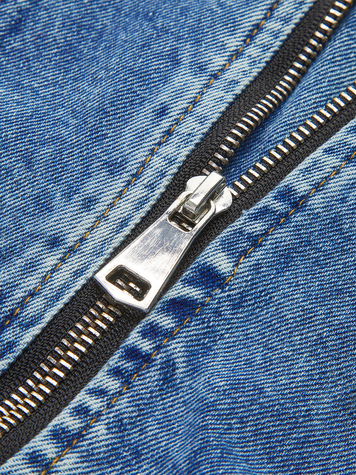 Puff-Sleeve Denim Panel Slim Jacket