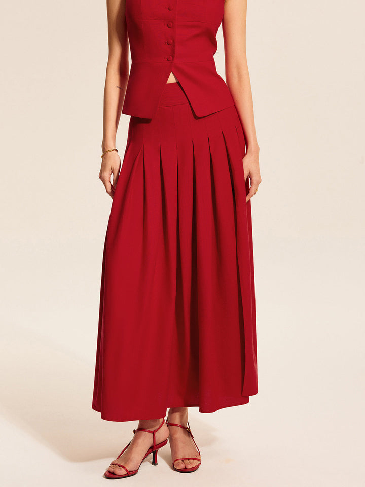 Cotton &amp; Linen Pleated Slit Skirt