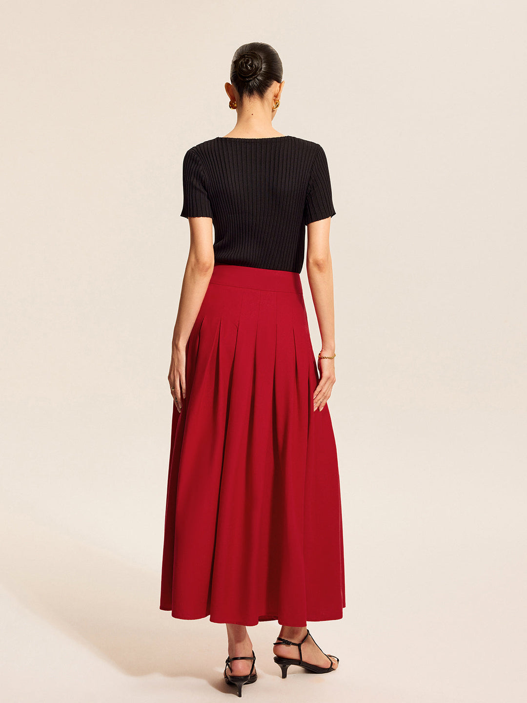 Cotton &amp; Linen Pleated Slit Skirt