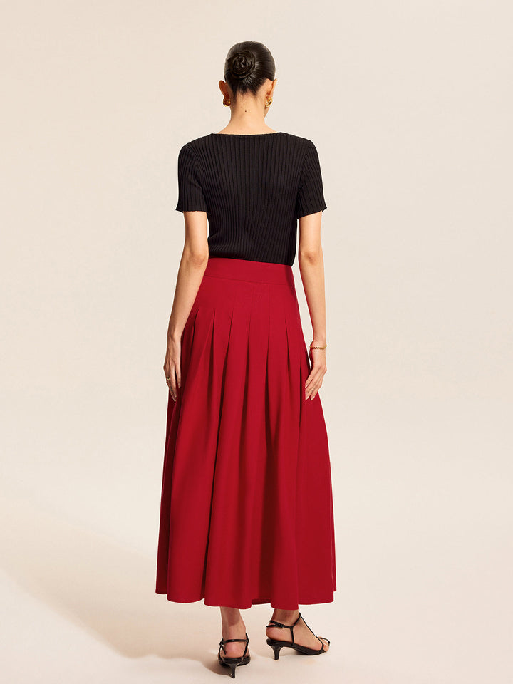 Cotton &amp; Linen Pleated Slit Skirt