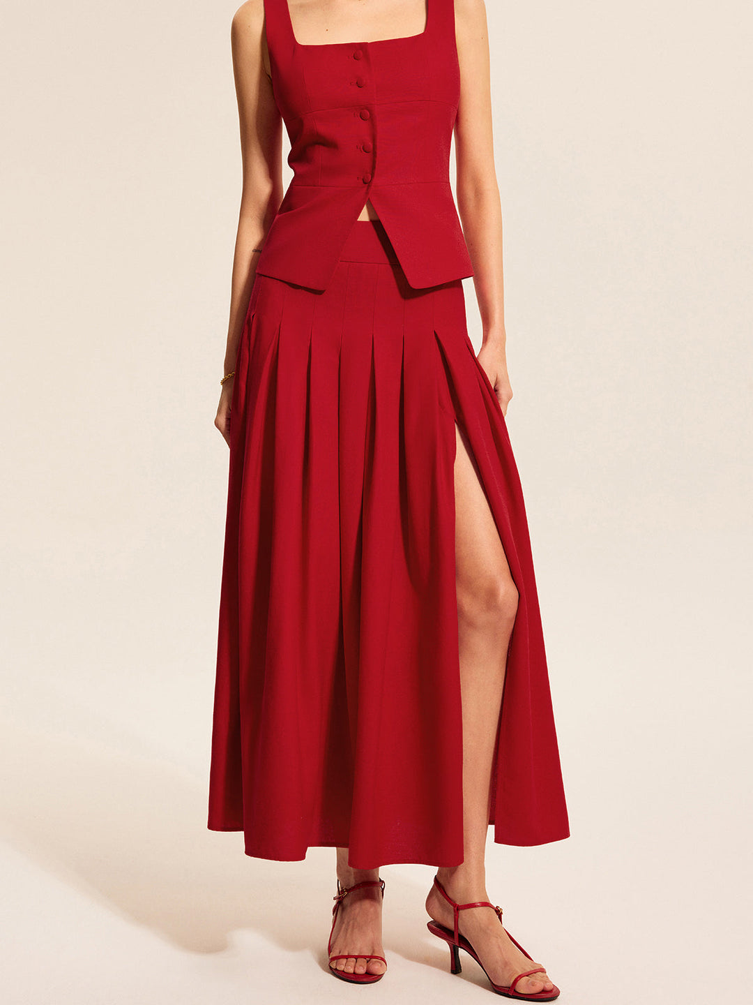 Cotton &amp; Linen Pleated Slit Skirt