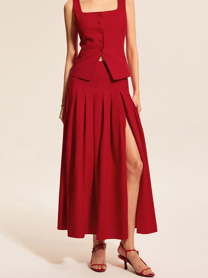 Cotton &amp; Linen Pleated Slit Skirt