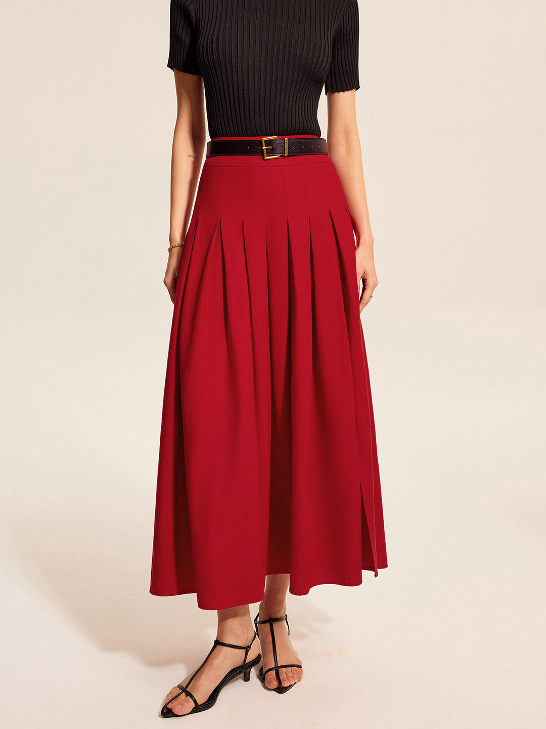 Cotton &amp; Linen Pleated Slit Skirt