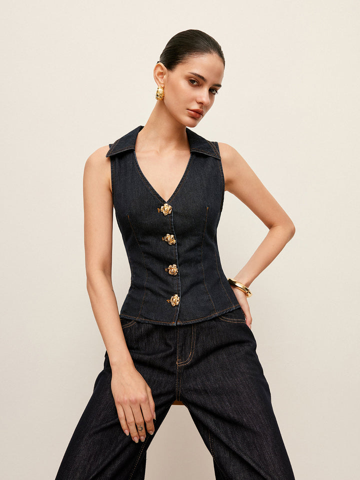 Denim Collared Vest With Floral Button Detail