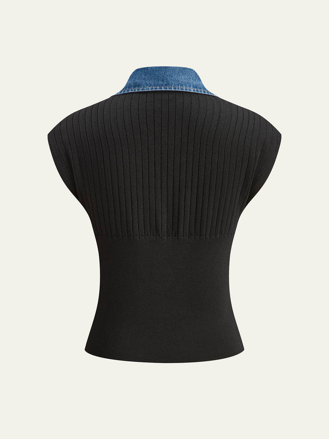 Denim Trim Ribbed Knit Top