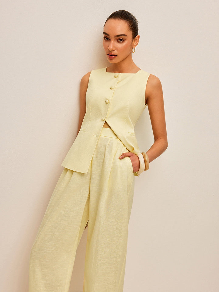 Cotton &amp; Linen Tie-Back Vest With Pockets Pants Set