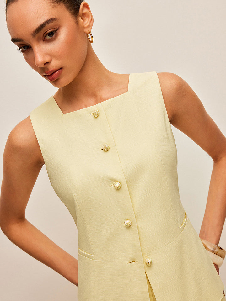Cotton &amp; Linen Tie-Back Vest With Pockets Pants Set