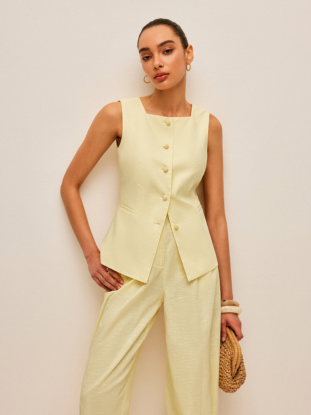 Cotton &amp; Linen Tie-Back Vest With Pockets Pants Set