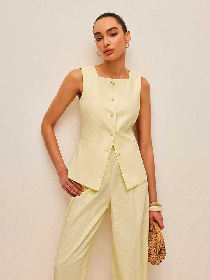 Cotton &amp; Linen Tie-Back Vest With Pockets Pants Set
