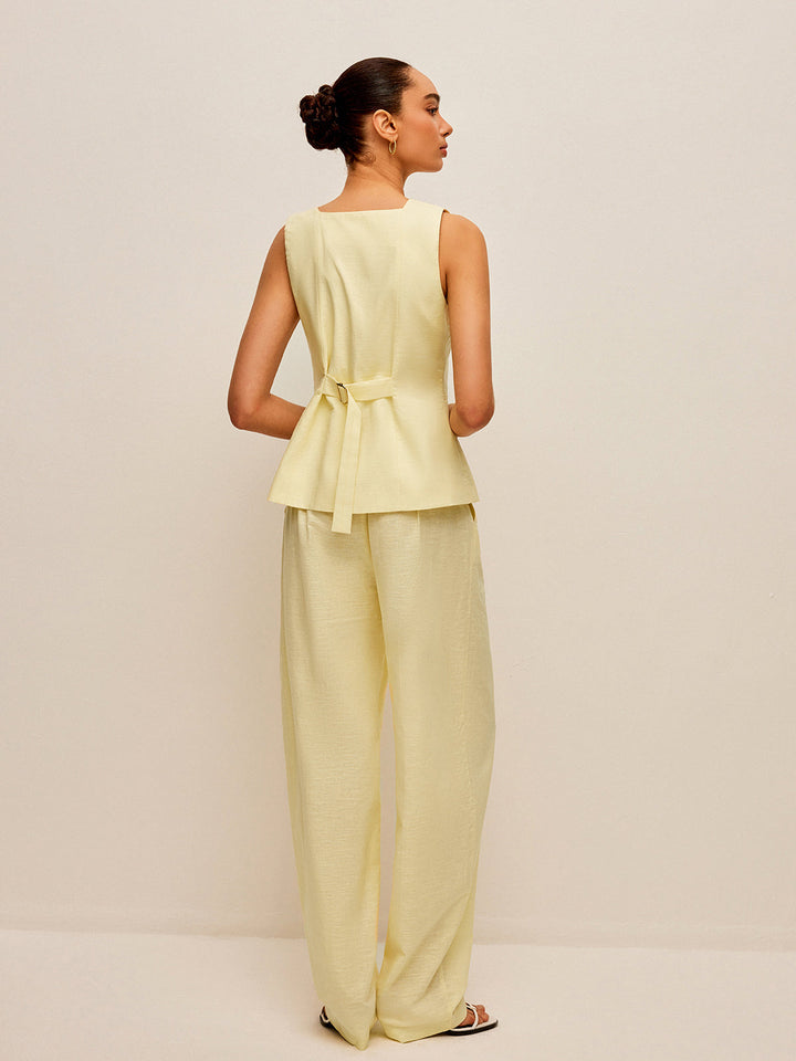 Cotton &amp; Linen Tie-Back Vest With Pockets Pants Set