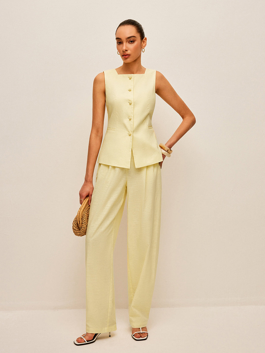 Cotton &amp; Linen Tie-Back Vest With Pockets Pants Set
