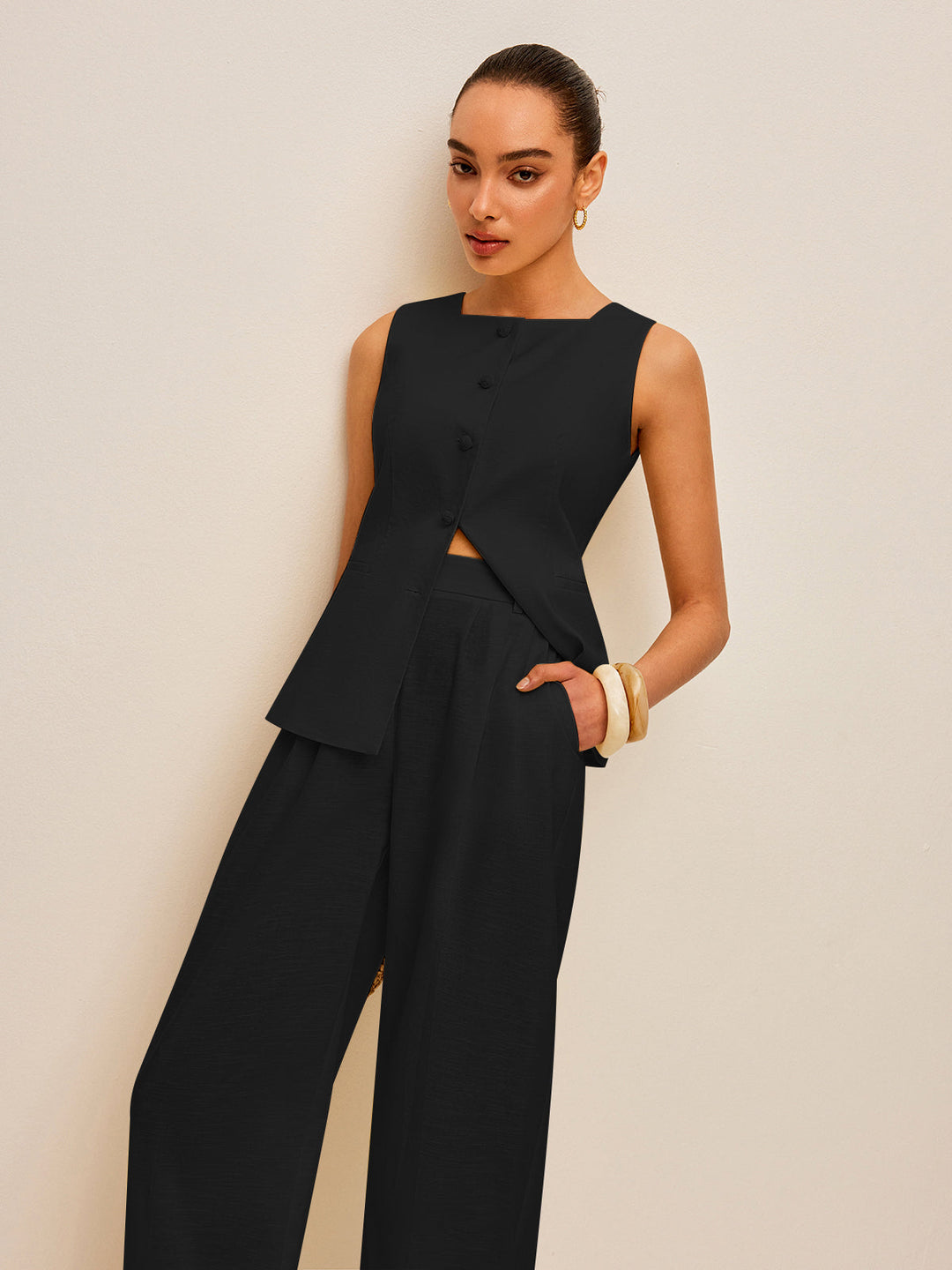 Cotton &amp; Linen Tie-Back Vest With Pockets Pants Set