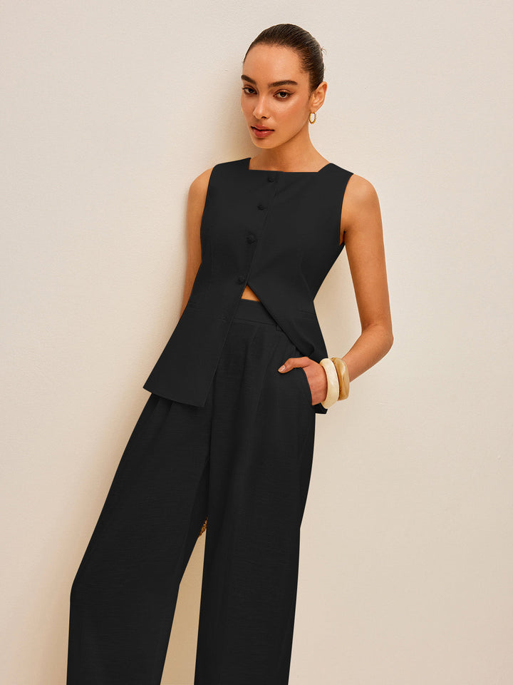 Cotton &amp; Linen Tie-Back Vest With Pockets Pants Set