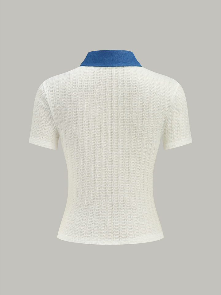 Denim-Collar Knit Polo Top with Metal Button