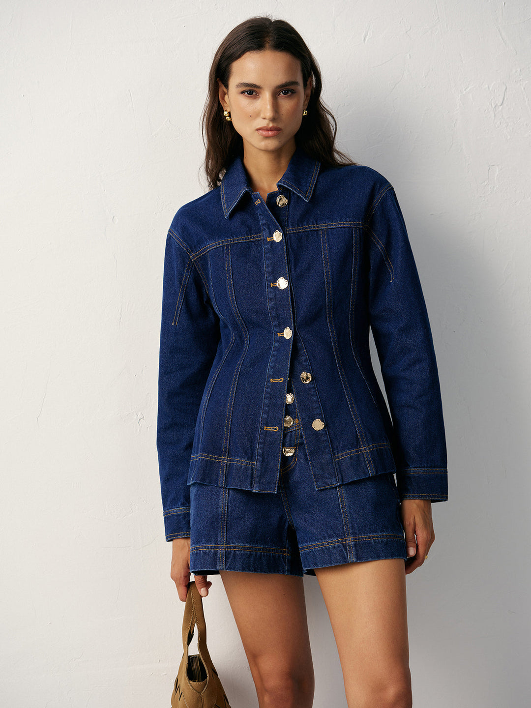 Cinched Waist Metal Button Denim Jacket