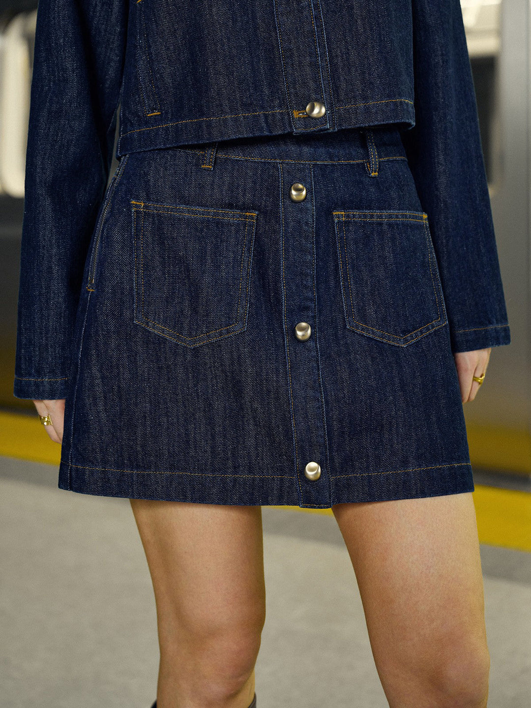 Pocket Button-Front Denim Mini Skirt