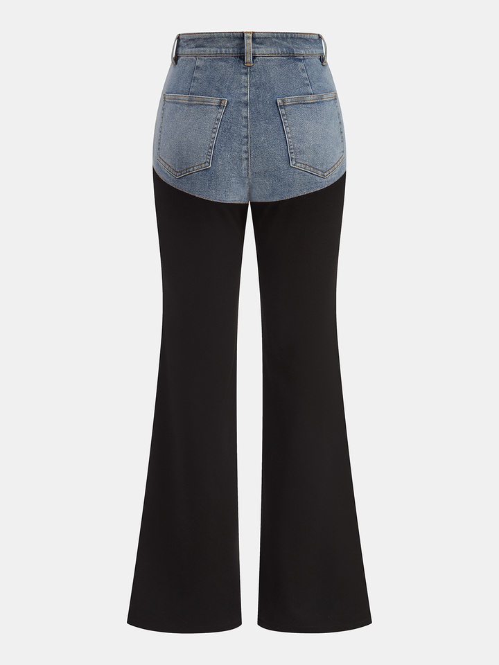 Mid-Waist Denim Panel Flared Pants