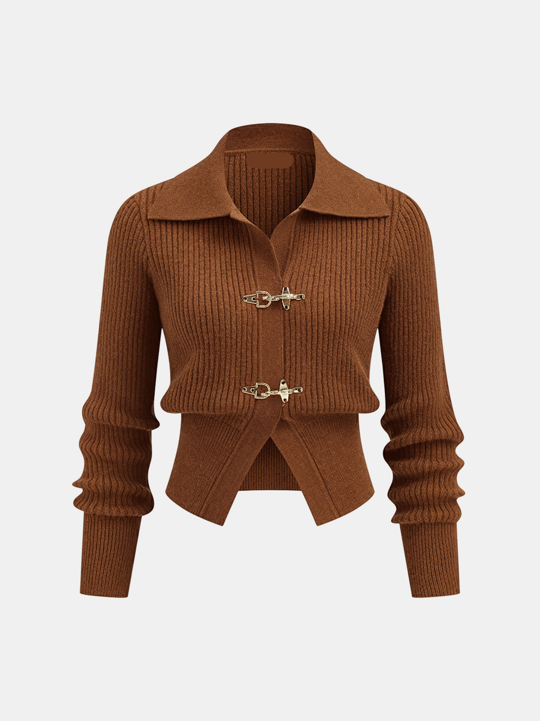 Collared Metal Buckle Ribbed Cropped Sweater