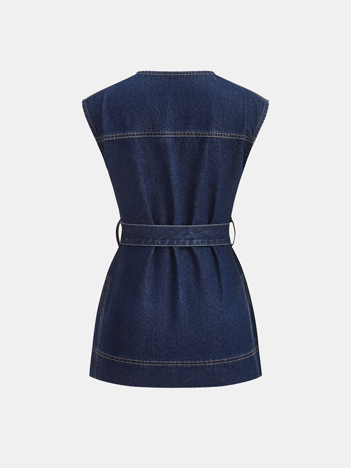 Belted Denim Sleeveless Vest &amp; Shorts Set