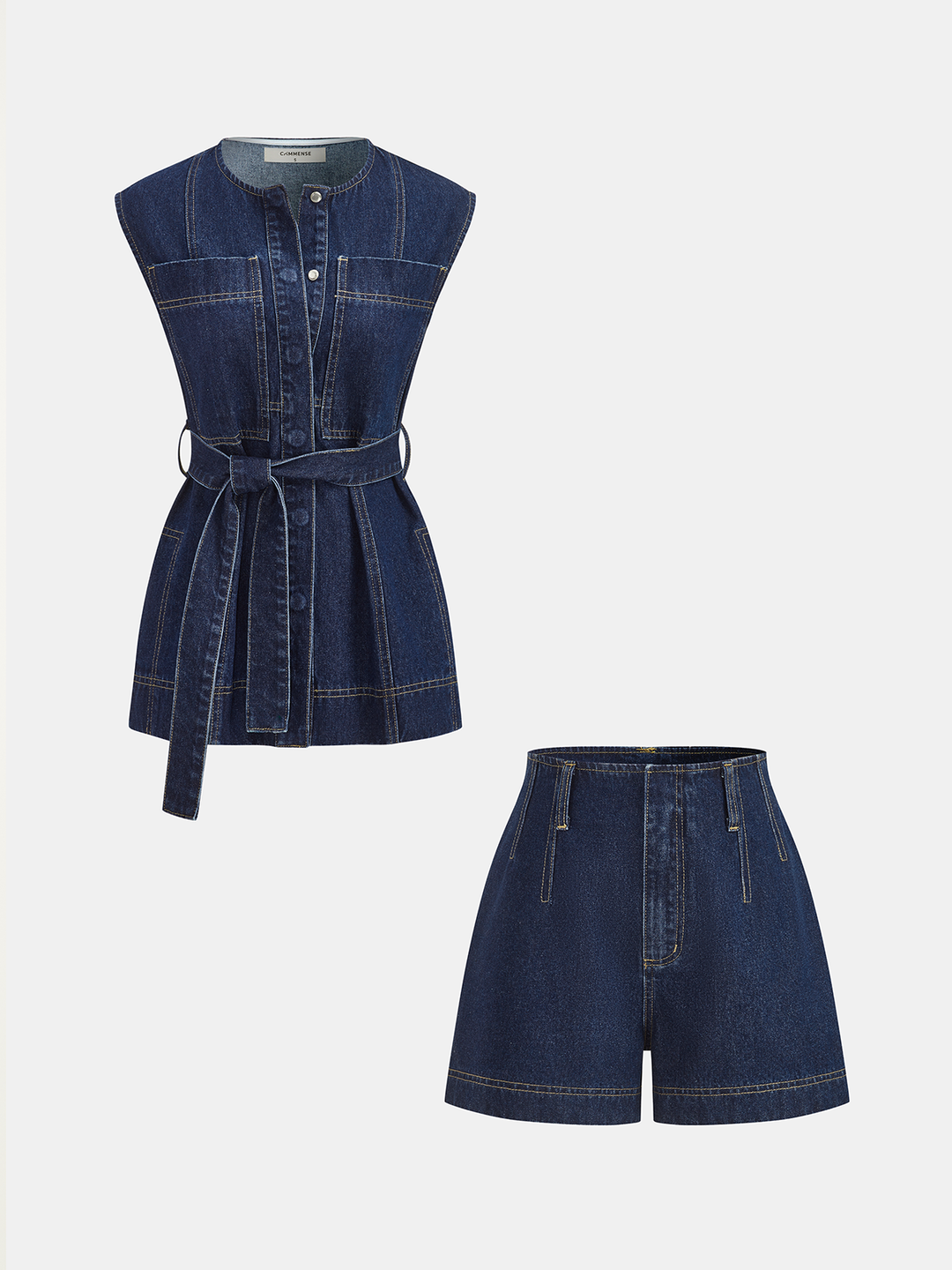 Belted Denim Sleeveless Vest &amp; Shorts Set