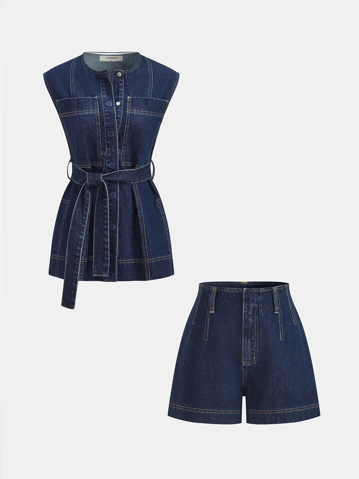 Belted Denim Sleeveless Vest &amp; Shorts Set