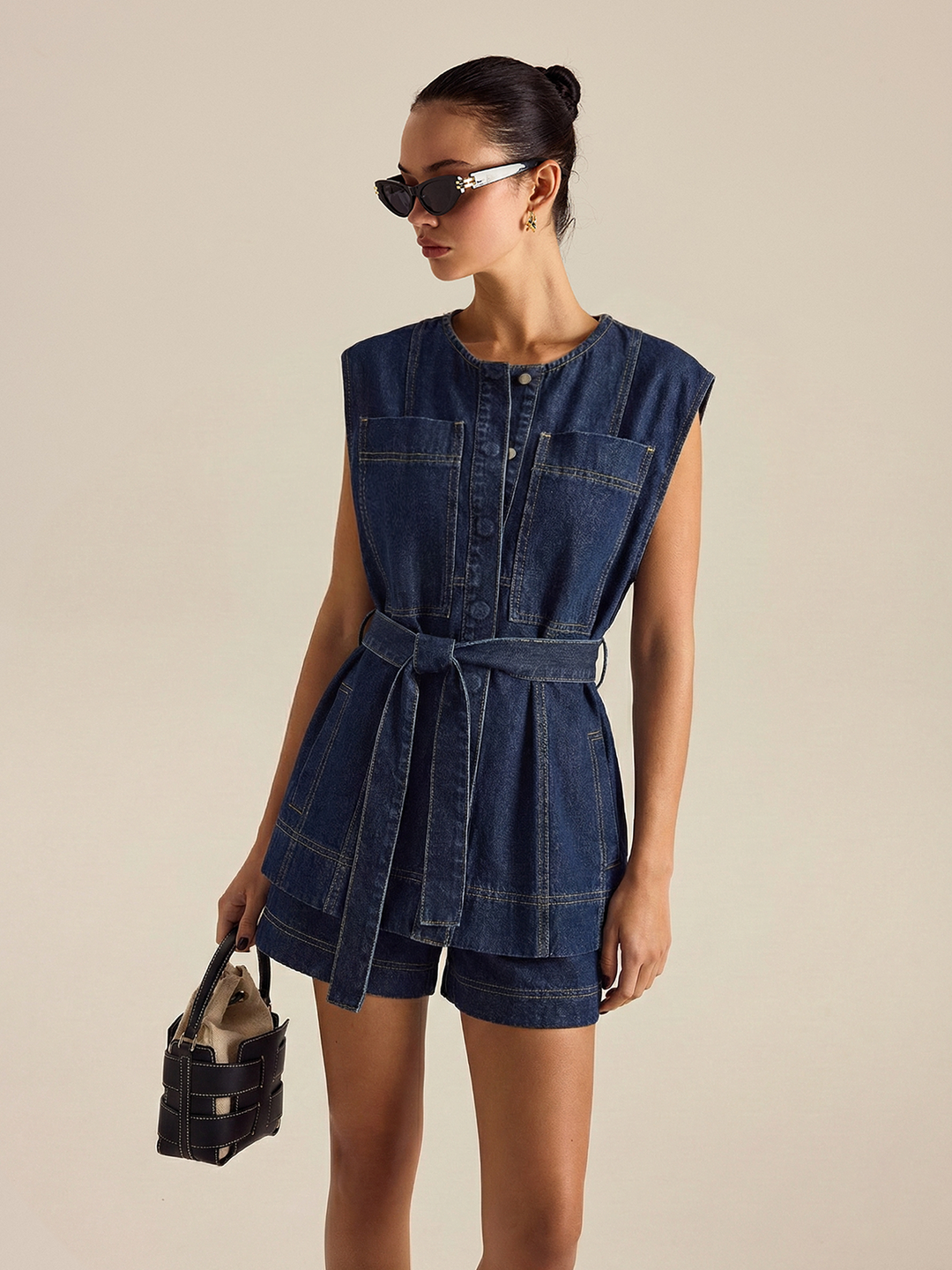 Belted Denim Sleeveless Vest &amp; Shorts Set