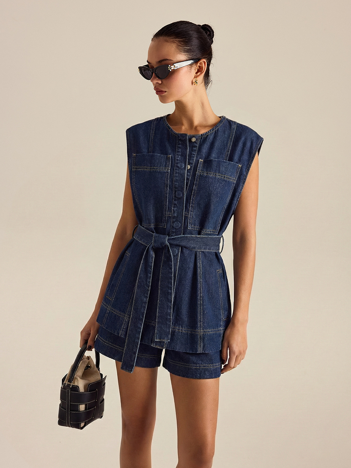 Belted Denim Sleeveless Vest &amp; Shorts Set