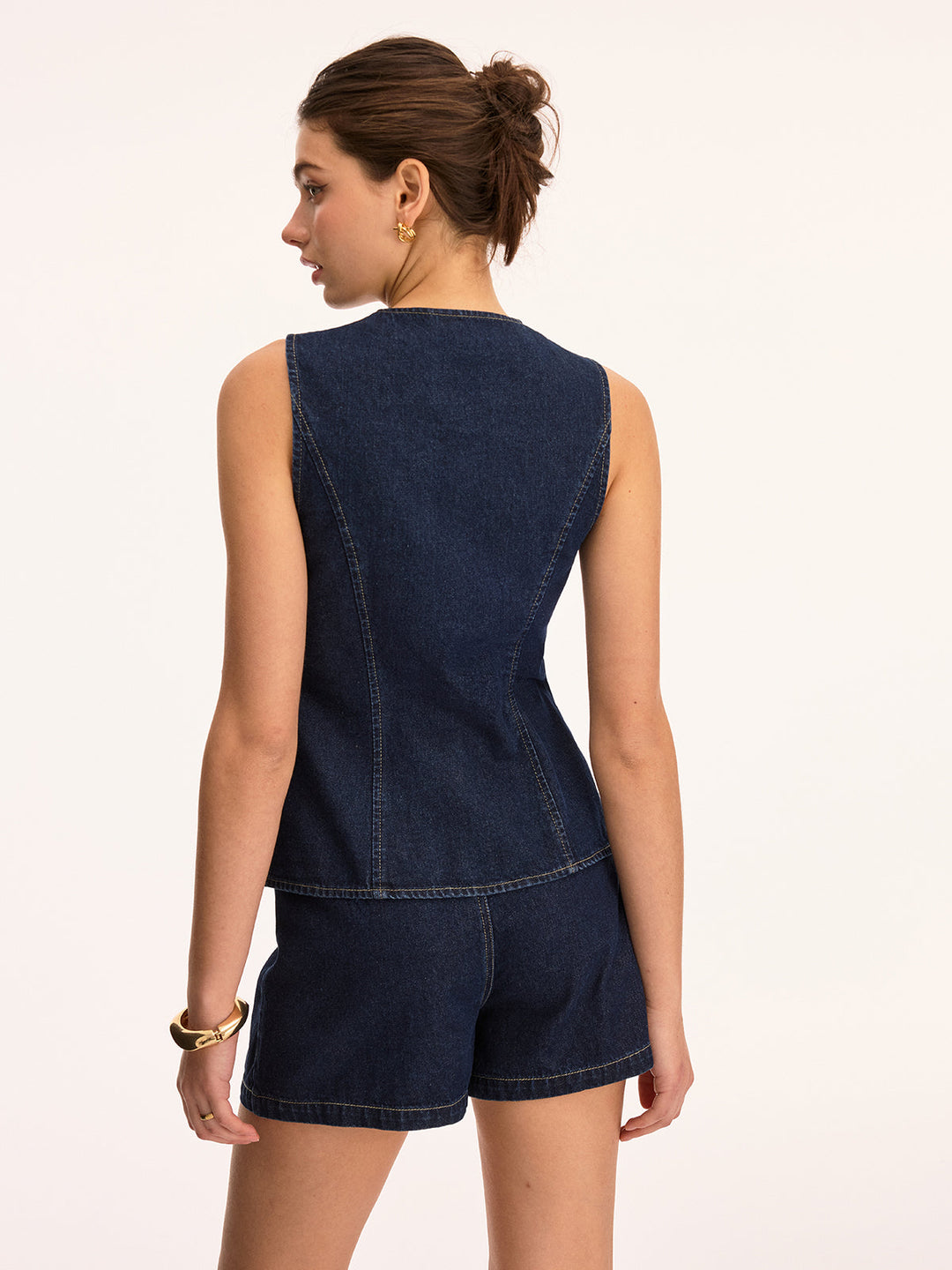 Asymmetrical Button Denim Vest &amp; Shorts Set